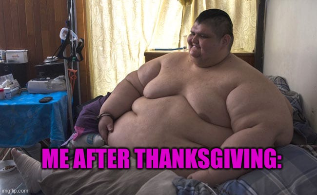 I'm back after slightly dying after eating too much food.... | ME AFTER THANKSGIVING: | image tagged in fatman,thanksgiving,just another shit post,gaming boy max | made w/ Imgflip meme maker