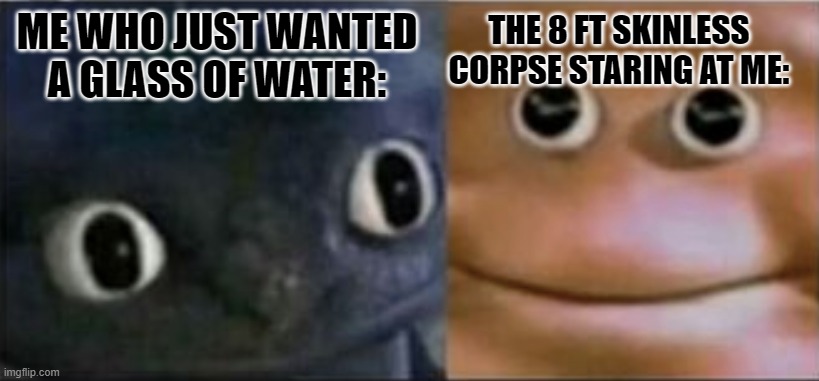 Blank stare dragon | THE 8 FT SKINLESS CORPSE STARING AT ME:; ME WHO JUST WANTED A GLASS OF WATER: | image tagged in blank stare dragon | made w/ Imgflip meme maker