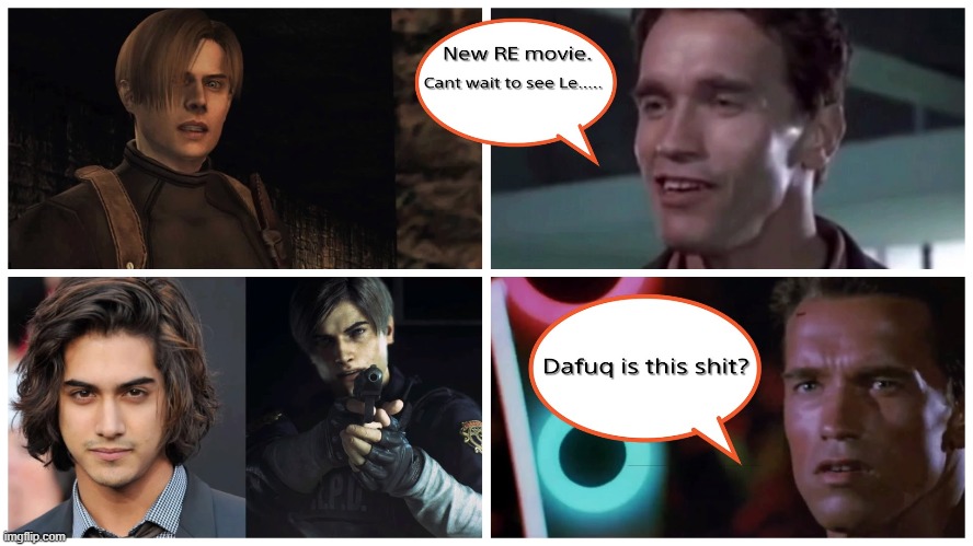 Arnold Does not approve of the new RE movie | image tagged in re,re funny,leon kenedey,re movie | made w/ Imgflip meme maker