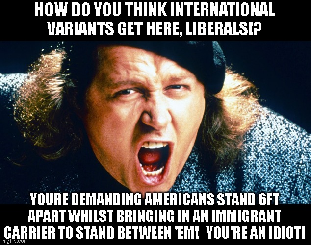 sam kinnison trump say it | HOW DO YOU THINK INTERNATIONAL VARIANTS GET HERE, LIBERALS!? YOURE DEMANDING AMERICANS STAND 6FT APART WHILST BRINGING IN AN IMMIGRANT CARRIER TO STAND BETWEEN 'EM!   YOU'RE AN IDIOT! | image tagged in sam kinnison trump say it | made w/ Imgflip meme maker