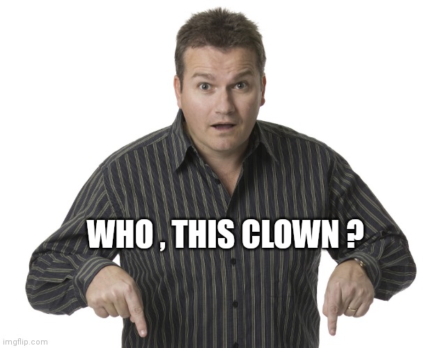 Pointing Down Disbelief | WHO , THIS CLOWN ? | image tagged in pointing down disbelief | made w/ Imgflip meme maker