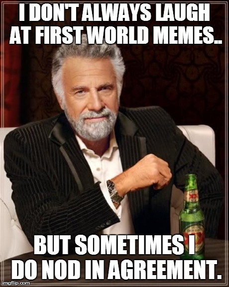 The Most Interesting Man In The World Meme | I DON'T ALWAYS LAUGH AT FIRST WORLD MEMES.. BUT SOMETIMES I DO NOD IN AGREEMENT. | image tagged in memes,the most interesting man in the world | made w/ Imgflip meme maker