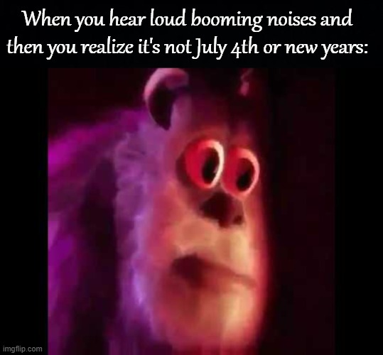 E | When you hear loud booming noises and then you realize it's not July 4th or new years: | image tagged in black background,sully groan | made w/ Imgflip meme maker