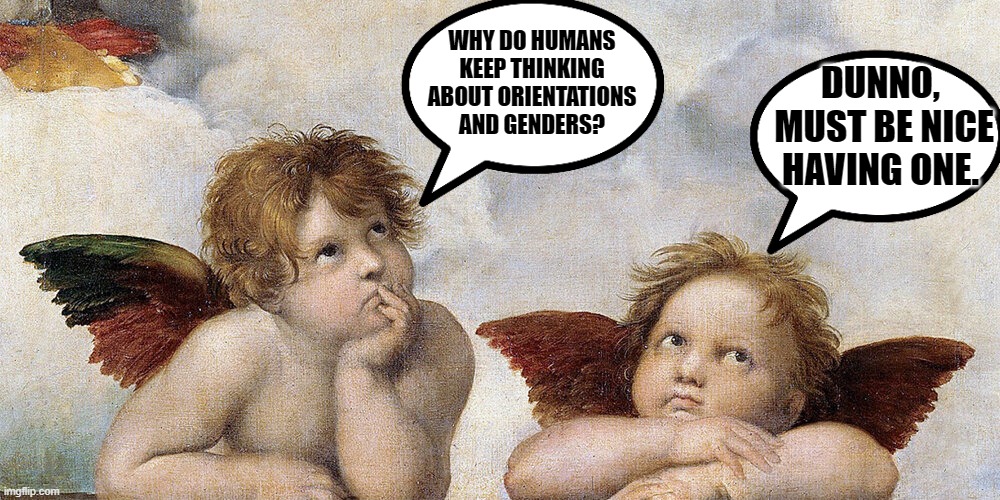 Hmm, Must be nice indeed | DUNNO,
 MUST BE NICE HAVING ONE. WHY DO HUMANS KEEP THINKING ABOUT ORIENTATIONS AND GENDERS? | image tagged in raphael cherubs,memes,funny,lgbtq,angels | made w/ Imgflip meme maker