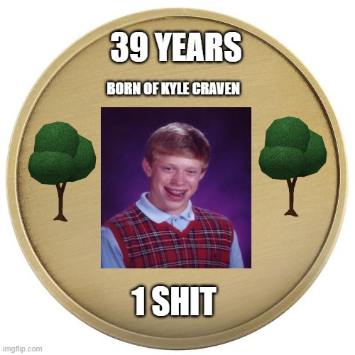 bad luck brain coin |  39 YEARS; BORN OF KYLE CRAVEN; 1 SHIT | image tagged in blank coin,memes | made w/ Imgflip meme maker