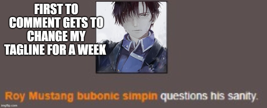 Roy Mustang Questions his sanity | FIRST TO COMMENT GETS TO CHANGE MY TAGLINE FOR A WEEK | image tagged in roy mustang questions his sanity | made w/ Imgflip meme maker