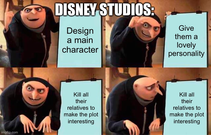 At disney studios | DISNEY STUDIOS:; Design a main character; Give them a lovely personality; Kill all their relatives to make the plot interesting; Kill all their relatives to make the plot interesting | image tagged in memes,gru's plan | made w/ Imgflip meme maker