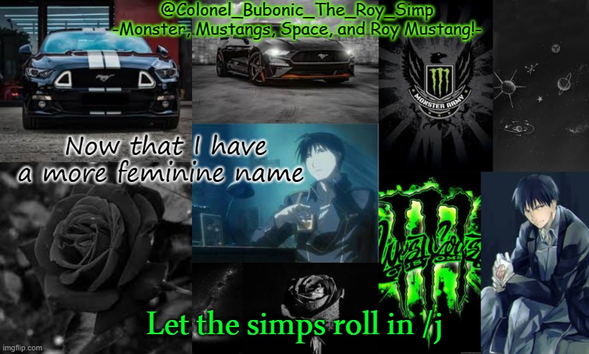 Monster, Mustangs, Space, and Roy Mustang oh my! | Now that I have a more feminine name; Let the simps roll in /j | image tagged in monster mustangs space and roy mustang oh my | made w/ Imgflip meme maker