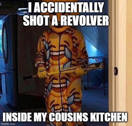 this is true | I ACCIDENTALLY SHOT A REVOLVER; INSIDE MY COUSINS KITCHEN | image tagged in laugh | made w/ Imgflip meme maker