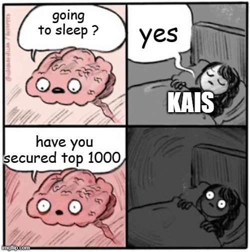 Brain Before Sleep | yes; going to sleep ? have you secured top 1000; KAIS | image tagged in brain before sleep | made w/ Imgflip meme maker