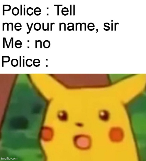 gottem | Police : Tell me your name, sir; Me : no; Police : | image tagged in memes,surprised pikachu,police,bruh,pikachu | made w/ Imgflip meme maker