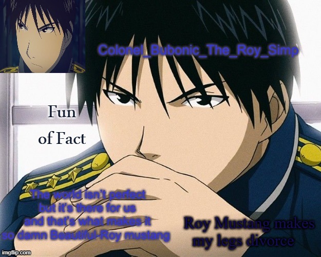 Yall should know him by now | Fun of Fact; Roy Mustang makes my legs divorce | image tagged in yall should know him by now | made w/ Imgflip meme maker