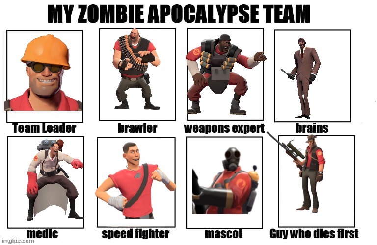 Tf2 zombie apocalypse team | image tagged in tf2 zombie apocalypse team | made w/ Imgflip meme maker