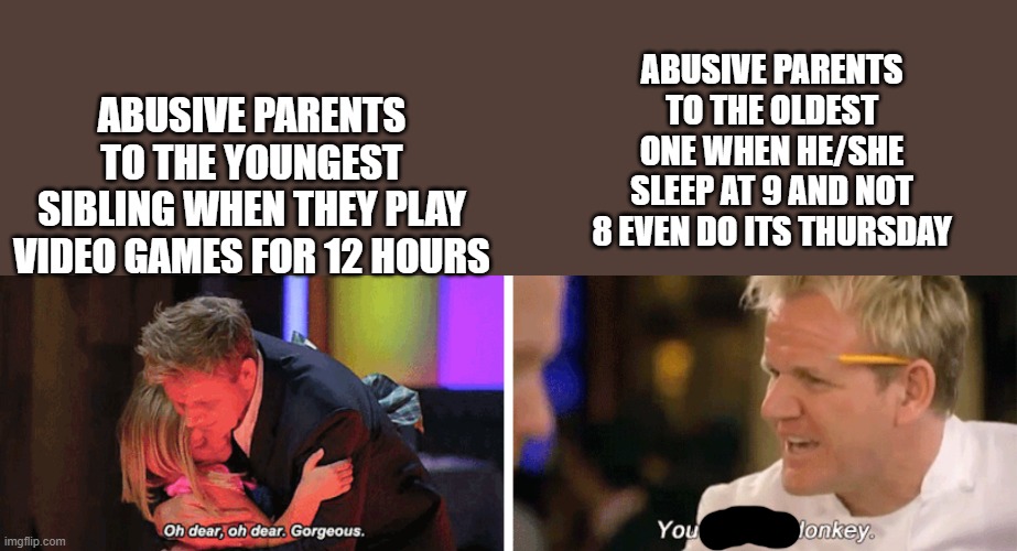 oh dear oh dear gorgeous and you f****** donkey | ABUSIVE PARENTS TO THE OLDEST ONE WHEN HE/SHE SLEEP AT 9 AND NOT 8 EVEN DO ITS THURSDAY; ABUSIVE PARENTS TO THE YOUNGEST SIBLING WHEN THEY PLAY VIDEO GAMES FOR 12 HOURS | image tagged in oh dear oh dear gorgeous and you f donkey | made w/ Imgflip meme maker