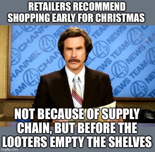 Shop early, before all the merchandise is stolen! | RETAILERS RECOMMEND SHOPPING EARLY FOR CHRISTMAS; NOT BECAUSE OF SUPPLY CHAIN, BUT BEFORE THE LOOTERS EMPTY THE SHELVES | image tagged in breaking news,looters,shop early | made w/ Imgflip meme maker