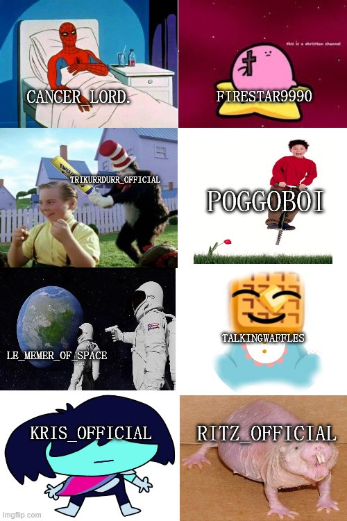 THE VREY RIDICULOUS CELLECTION OF IMGFLIPERS (PART.2) | CANCER_LORD. FIRESTAR9990; TRIKURRDURR_OFFICIAL; POGGOBOI; TALKINGWAFFLES; LE_MEMER_OF_SPACE; RITZ_OFFICIAL; KRIS_OFFICIAL | image tagged in blank white template | made w/ Imgflip meme maker
