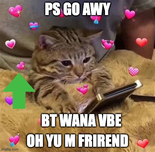 Vbe Wih e |  PS GO AWY; OH YU M FRIREND; BT WANA VBE | image tagged in cute cat | made w/ Imgflip meme maker