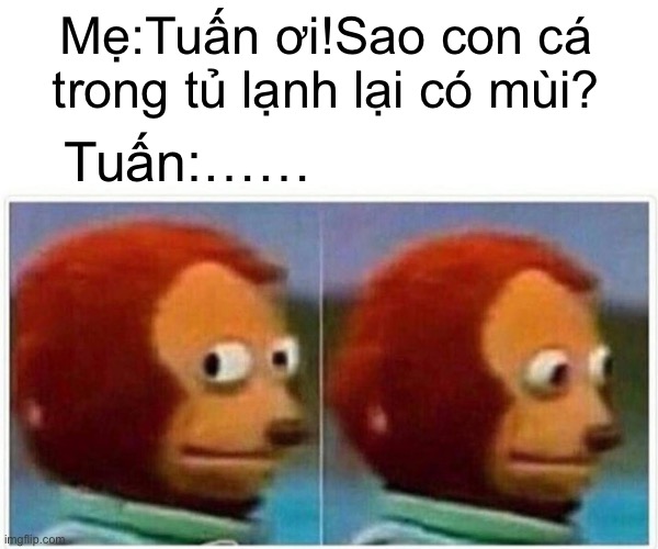 Monkey Puppet Meme | Mẹ:Tuấn ơi!Sao con cá trong tủ lạnh lại có mùi? Tuấn:…… | image tagged in memes,monkey puppet | made w/ Imgflip meme maker