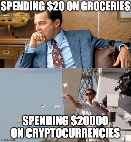 Spending money on crypto | SPENDING $20 ON GROCERIES; SPENDING $20000 ON CRYPTOCURRENCIES | image tagged in leonardo di caprio spending money | made w/ Imgflip meme maker