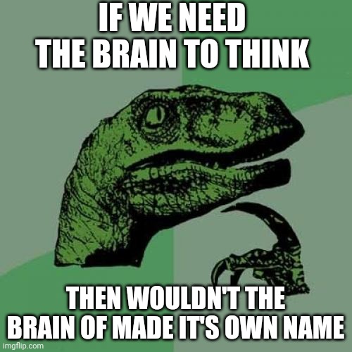 Philosoraptor Meme | IF WE NEED THE BRAIN TO THINK; THEN WOULDN'T THE BRAIN OF MADE IT'S OWN NAME | image tagged in memes,philosoraptor | made w/ Imgflip meme maker
