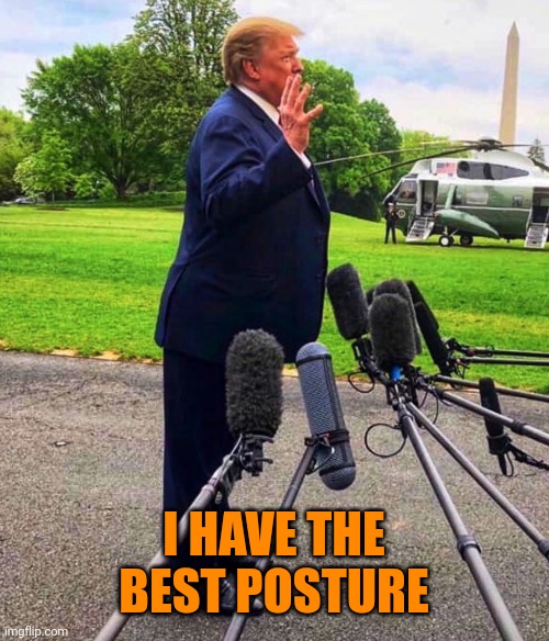 Trump leaning forward because he wears shoe lifts | I HAVE THE BEST POSTURE | image tagged in trump leaning forward because he wears shoe lifts | made w/ Imgflip meme maker