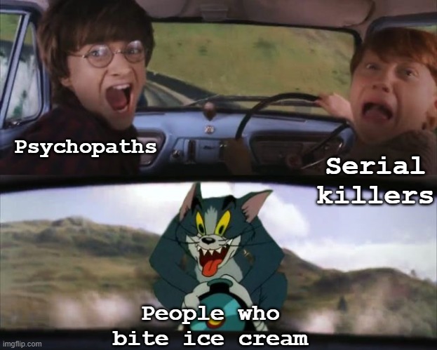 so true | Psychopaths; Serial killers; People who bite ice cream | image tagged in tom chasing harry and ron weasly | made w/ Imgflip meme maker