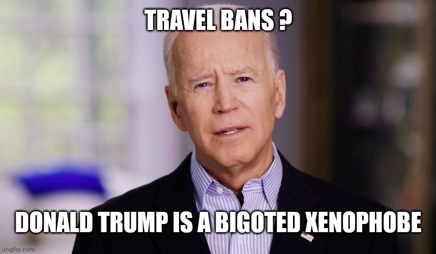Joe Biden 2020 | TRAVEL BANS ? DONALD TRUMP IS A BIGOTED XENOPHOBE | image tagged in joe biden 2020 | made w/ Imgflip meme maker