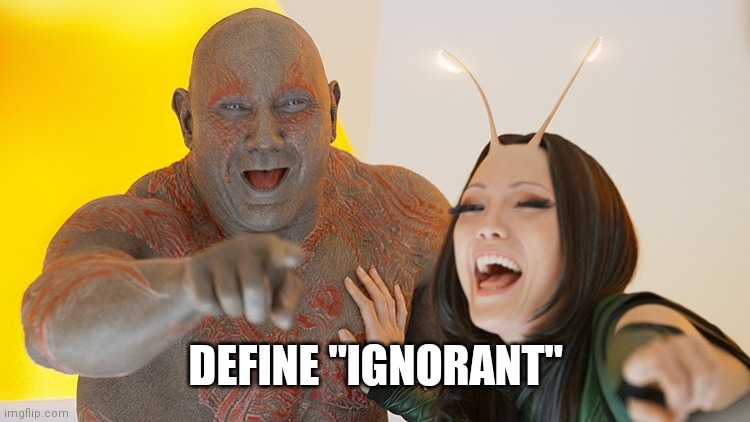 Drax Mantis laughing | DEFINE "IGNORANT" | image tagged in drax mantis laughing | made w/ Imgflip meme maker