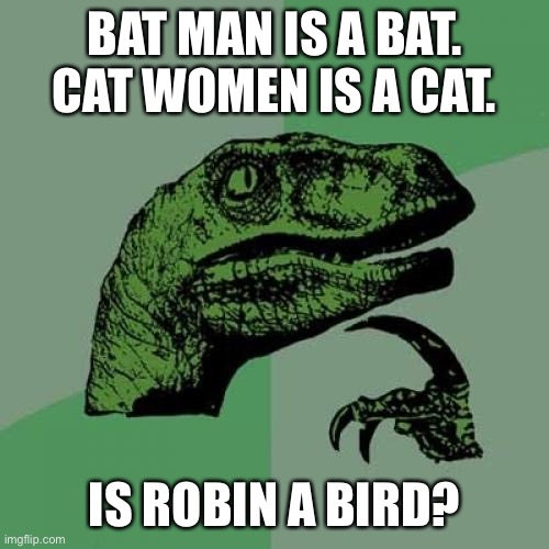 Philosoraptor | BAT MAN IS A BAT. CAT WOMEN IS A CAT. IS ROBIN A BIRD? | image tagged in memes,philosoraptor | made w/ Imgflip meme maker