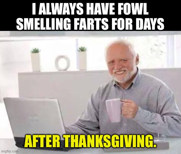 Fowl | I ALWAYS HAVE FOWL SMELLING FARTS FOR DAYS; AFTER THANKSGIVING. | image tagged in harold | made w/ Imgflip meme maker