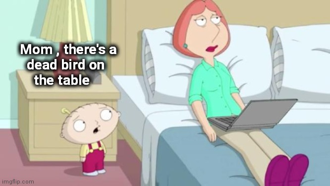 Stewie Mom | Mom , there's a
    dead bird on 
      the table | image tagged in stewie mom | made w/ Imgflip meme maker