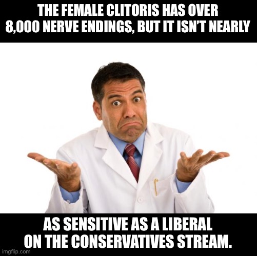 Sensitive | THE FEMALE CLITORIS HAS OVER 8,000 NERVE ENDINGS, BUT IT ISN’T NEARLY; AS SENSITIVE AS A LIBERAL ON THE CONSERVATIVES STREAM. | image tagged in confused doctor | made w/ Imgflip meme maker