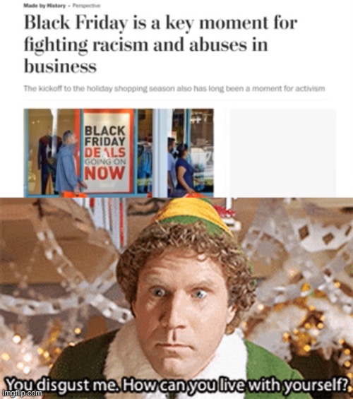 Yes, the shopping holiday is a key day for fighting racism. | image tagged in funny | made w/ Imgflip meme maker