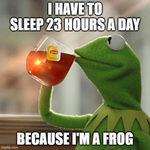 this is me | I HAVE TO SLEEP 23 HOURS A DAY; BECAUSE I'M A FROG | image tagged in memes,but that's none of my business,kermit the frog | made w/ Imgflip meme maker
