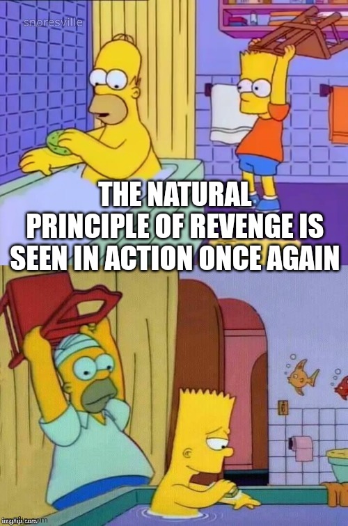 Homer revenge | THE NATURAL PRINCIPLE OF REVENGE IS SEEN IN ACTION ONCE AGAIN | image tagged in homer revenge | made w/ Imgflip meme maker