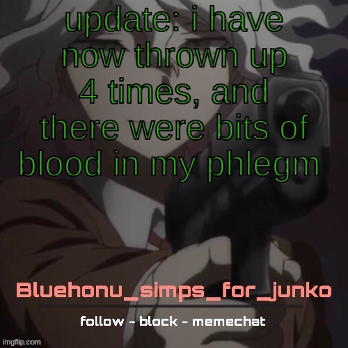 :| | update: i have now thrown up 4 times, and there were bits of blood in my phlegm | image tagged in honu's nagito gun temp thanks suga | made w/ Imgflip meme maker