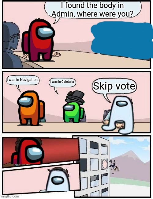 Let's skip |  I found the body in Admin, where were you? I was in Navigation; I was in Cafeteria; Skip vote | image tagged in memes,boardroom meeting suggestion,among us,funny | made w/ Imgflip meme maker