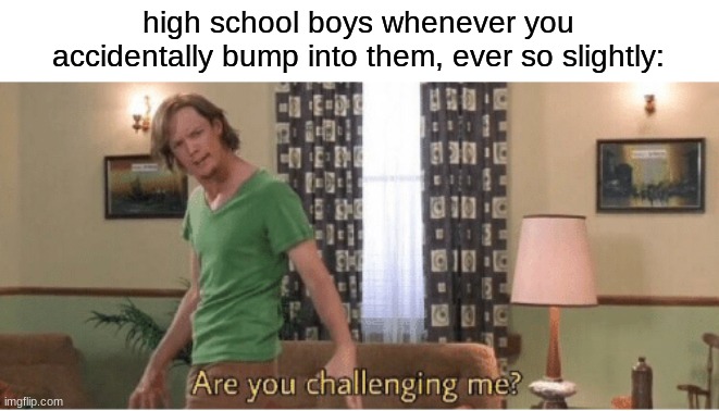 are you challenging me | high school boys whenever you accidentally bump into them, ever so slightly: | image tagged in are you challenging me,memes,high school,accidentally,bump into | made w/ Imgflip meme maker