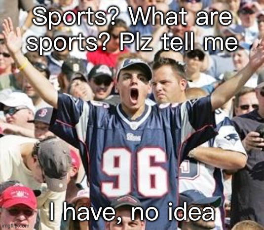 Sports Fans |  Sports? What are sports? Plz tell me; I have, no idea | image tagged in sports fans | made w/ Imgflip meme maker