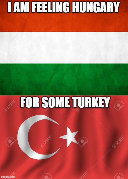 Late for the Thanksgiving train | I AM FEELING HUNGARY; FOR SOME TURKEY | image tagged in hungary,turkey flag | made w/ Imgflip meme maker