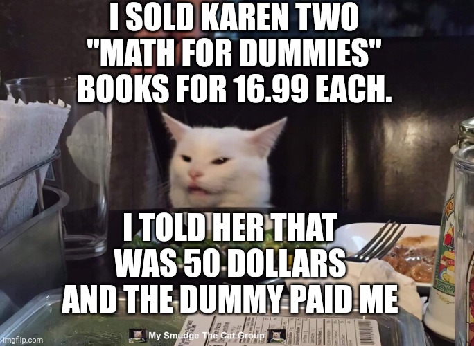 I SOLD KAREN TWO "MATH FOR DUMMIES" BOOKS FOR 16.99 EACH. I TOLD HER THAT WAS 50 DOLLARS AND THE DUMMY PAID ME | image tagged in smudge the cat | made w/ Imgflip meme maker