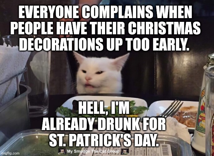 EVERYONE COMPLAINS WHEN PEOPLE HAVE THEIR CHRISTMAS DECORATIONS UP TOO EARLY. HELL, I'M ALREADY DRUNK FOR ST. PATRICK'S DAY. | image tagged in smudge the cat | made w/ Imgflip meme maker