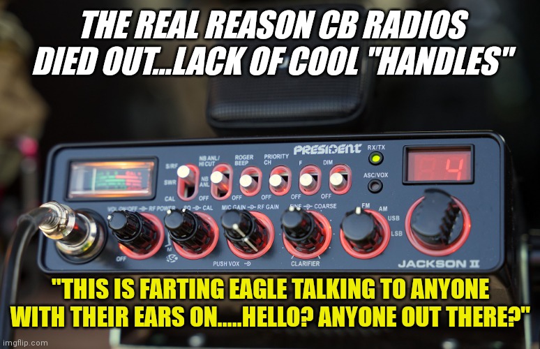 CB Radio | THE REAL REASON CB RADIOS DIED OUT...LACK OF COOL "HANDLES"; "THIS IS FARTING EAGLE TALKING TO ANYONE WITH THEIR EARS ON.....HELLO? ANYONE OUT THERE?" | image tagged in cb radio | made w/ Imgflip meme maker