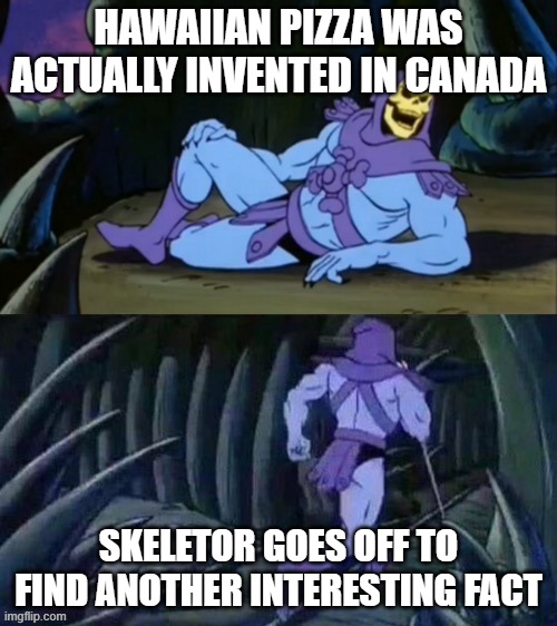 you goes like "hmmmmmmmm" | HAWAIIAN PIZZA WAS ACTUALLY INVENTED IN CANADA; SKELETOR GOES OFF TO FIND ANOTHER INTERESTING FACT | image tagged in skeletor disturbing facts | made w/ Imgflip meme maker