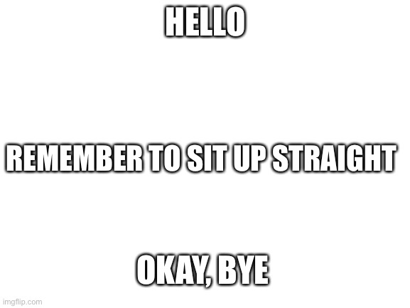 Blank White Template |  HELLO; REMEMBER TO SIT UP STRAIGHT; OKAY, BYE | image tagged in blank white template | made w/ Imgflip meme maker