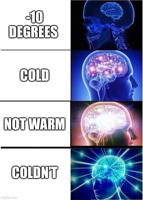 Expanding Brain | -10 DEGREES; COLD; NOT WARM; COLDN’T | image tagged in memes,expanding brain,cold weather,haha brrrrrrr | made w/ Imgflip meme maker
