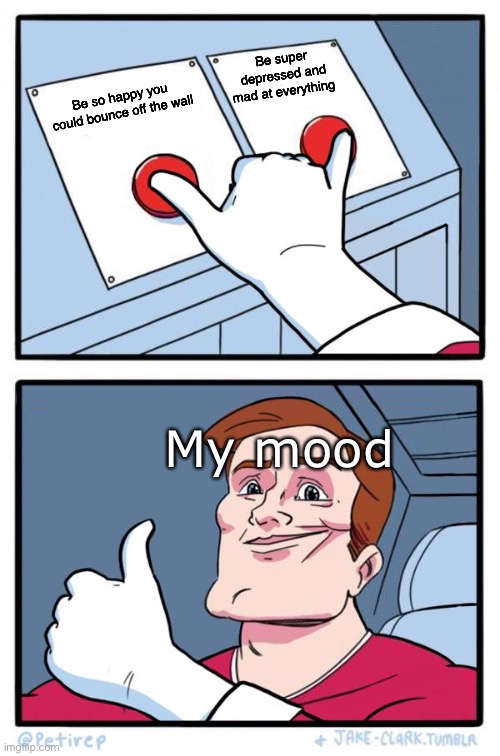 My mood be like |  Be super depressed and mad at everything; Be so happy you could bounce off the wall; My mood | image tagged in both buttons pressed,mood,why,oof,sean bean lord of the rings | made w/ Imgflip meme maker