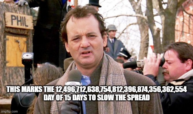 It Has To Stop Now | THIS MARKS THE 12,496,712,638,754,812,396,874,356,362,554 DAY OF 15 DAYS TO SLOW THE SPREAD | image tagged in groundhog day,covid,evil government,coronavirus,slow the spread | made w/ Imgflip meme maker