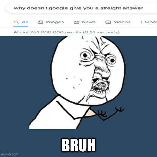 googles also kinda braggy like we dont need to know it took 0.52 seconds 4 that many answers no one cares | BRUH | image tagged in memes,y u no | made w/ Imgflip meme maker