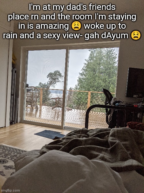 idk if y'all can see but mountains are in the bg- | I'm at my dad's friends place rn and the room I'm staying in is amazing 😩 woke up to rain and a sexy view- gah dAyum 😫 | made w/ Imgflip meme maker